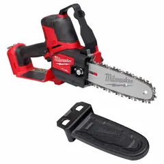 This battery-powered chainsaw features an 8-inch bar and top handle for pruning and light cutting in confined spaces. It includes an auto/adjustable chain oiler that regulates lubrication based on cutting conditions. Operates on 18 V and is sold as tool only.