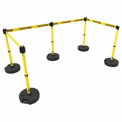 This five-post retractable belt barrier system includes 15 ft belts with a yellow caution message on a black/yellow background. Each post features a round flat receiver head and a fillable base for stability. Used to delineate restricted areas, guide pedestrian traffic, or mark hazards in industrial and public environments.
