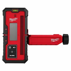 This rotary laser receiver detects red laser beams for leveling and alignment tasks on construction and grading sites. It operates on two AA batteries (included) and has a plastic housing with a 1-1/4 in overall height.