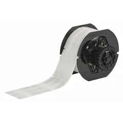 Vinyl, white matte precut label roll measuring 1-3/4 x 1/2 inches. Designed for wire gauge 12 AWG to 10 AWG. Compatible with BBP33 printer series and requires B30-R4300 ribbon. Used for permanent wire and cable identification in electrical installations and control panels.