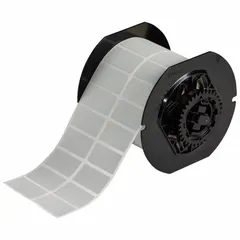 Precut label roll measuring 1 1/2 in x 3/4 in, made of gray metalized polyester. Halogen-free material. Compatible with i3300 printer series. Used for industrial identification and asset labeling.