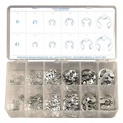 Inch-series external retaining ring assortment containing 265 pieces across 12 sizes. Rings are made of steel with a plain finish. Used for securing components on shafts in industrial machinery and mechanical assemblies.