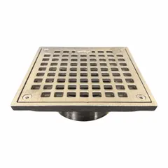 Class A light-duty floor drain grate in square shape. Nickel bronze finish with bronze color family. Overall width 5 5/8 in, overall height 2 1/8 in. Suitable for covering drains in low-traffic areas such as restrooms or utility rooms.