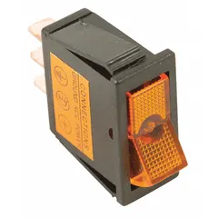 Single-pole single-throw rocker switch with On/Off function. Features three 1/4 in male terminals, amber actuator, and black stem. Panel-mount design for controlling automotive battery and accessory circuits.