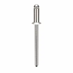 Flush-mount blind rivet with 0.122" diameter, 5/16" body length, and 1 13/32" overall length. Plain finish. Suitable for fastening sheet metal, plastics, and composite materials in applications requiring a low-profile finish. Supplied in a 500-piece pack.