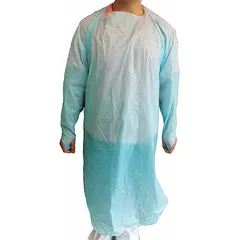 This general purpose medical isolation gown is made of blue polyethylene with a partially open back and tie closure. It features elastic cuffs and is designed for fluid barrier protection during patient care, examination, or cleaning tasks. Each pack contains 15 gowns in universal size.