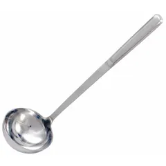 This stainless steel ladle features a polished silver finish and a 13-inch overall length. It is used for portioning and serving liquids such as soups, sauces, and gravies in commercial kitchens and food service operations. The 4 oz capacity provides control for deep pots.