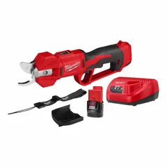 Battery-powered pruners on the M12 platform with a 1-1/4 in cutting capacity. Includes a 2.0 Ah battery. Used for cutting branches and stems in landscaping and property maintenance.