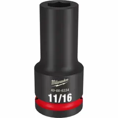 SAE 6-point deep impact socket with 3/4" drive and 11/16" socket size. Friction retention design secures the socket on the anvil. Black phosphate finish provides corrosion resistance. Suitable for heavy-duty fastening with impact tools in automotive, industrial, and construction applications.