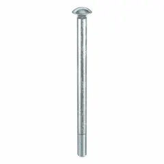 Square neck carriage bolt with 3/4"-10 thread size, 12-inch length, Grade 2 steel construction, and zinc-plated finish. The square neck prevents rotation during tightening. Used for fastening wood to metal or wood to wood in construction and framing applications.