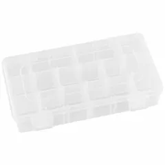 Clear plastic compartmented box with adjustable dividers for organizing small parts. Features three compartments each 6-11/16 in x 1-1/16 in. Not electrostatic discharge conductive. Suitable for workshop, lab, and industrial storage of screws, nuts, and components.