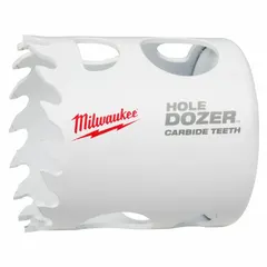 Carbide-tipped hole saw for cutting through multi-material surfaces including metal, wood, and plastic. Features 4 teeth per inch and a maximum cutting depth of 1-5/8 in. Uses a 5/8"-18 thread arbor connection. Suitable for construction, electrical, and plumbing applications requiring clean, precise holes.
