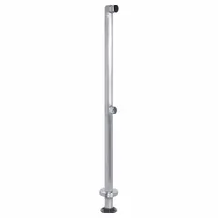 This floor-mounted handrail post is designed for end rail mounting in modular handrail systems. It features a round profile and accommodates two rail levels. Suitable for use in stairways, balconies, and walkways requiring corrosion-resistant support.