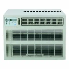 This residential-grade window air conditioner provides 25,000 BtuH cooling and heating capacity for large rooms or open-plan areas. It operates on 208/230V AC with a NEMA 6-30P plug and has a Combined Energy Efficiency Ratio (CEER) of 9.5. Suitable for high-capacity comfort control in homes or light commercial spaces.