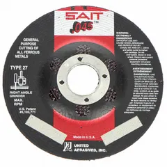Type 27 depressed center cut-off wheel for general purpose cutting of carbon and stainless steel. Features aluminum oxide abrasive with 60 grit. Dimensions: 4-1/2" diameter, 0.045" thickness, 7/8" arbor hole. Suitable for metal fabrication, maintenance, and repair applications.