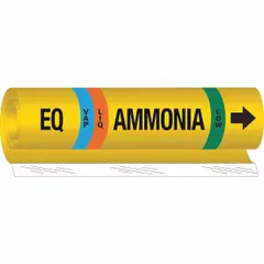 Ammonia wrap-around pipe marker for identifying liquid or vapor ammonia piping at low IIAR pressure levels. Fits pipe outer diameters from 2-1/2 to 7-7/8 inches. Includes directional arrows for flow indication. IIAR system abbreviation EQ.