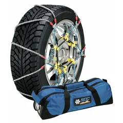 Alloy cable diagonal chain link tire chain designed for passenger cars, pickup trucks, and SUVs. Compatible with tire size 235/50-16. Provides traction on snow or ice to aid vehicle control in winter conditions.
