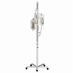This BLICKMAN IV pole is constructed from aluminum and features four hooks for hanging IV bags. It is used in medical settings to support intravenous therapy equipment, providing a stable and lightweight solution for patient care.
