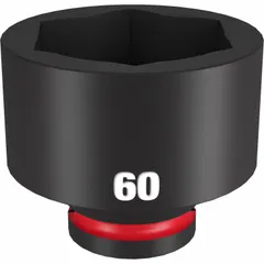 This 3/4" drive impact socket is designed for heavy-duty fastening and loosening of 60 mm metric fasteners. Its 6-point configuration and Black Phosphate finish provide durability under high-torque impact wrench use in industrial maintenance, construction, and equipment assembly.