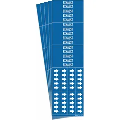 Blue adhesive pipe markers with white legend reading 'Exhaust' and arrows indicating flow direction. Each pack contains 5 markers (3 markers per pack) for pipes with outer diameter of 3/4 inch and smaller. Used to identify exhaust lines in industrial piping systems.