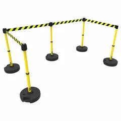This retractable belt barrier system includes five posts with round flat bases and a 15 ft belt featuring a black/yellow pattern with no printed message. The 42 in post height and visible belt pattern are suited for pedestrian guidance and crowd control in industrial facilities, warehouses, and public spaces, directing foot traffic around restricted areas.