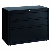 Steel lateral file cabinet with painted finish and three drawers. Overall height 28 inches, depth 18 5/8 inches. Suitable for organizing documents and office supplies in industrial facilities, workshops, or plant offices
