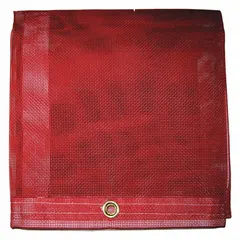 Standard-duty mesh tarp, 12 ft long by 7.75 ft wide, made of 5 mil vinyl with PVC coating in red, weighing 10 oz/sq yd. The mesh construction allows airflow to reduce condensation, suitable for covering equipment, materials, or loads in outdoor and industrial environments.