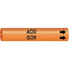 Orange snap-on pipe marker with black 'Acid' legend and directional arrows. Fits pipe outer diameters from 1-1/2 to 2-3/8 inches. Used to identify pipes carrying acid in industrial facilities for clear hazard communication.