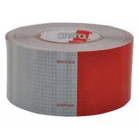Red/white reflective tape for marking trucks, trailers, and other vehicles. Measures 3 inches wide by 50 yards long with acrylic adhesive for durable application on vehicle surfaces