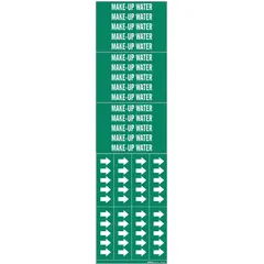 Green adhesive pipe markers with white legend text reading 'Make-Up Water'. Designed for pipes with outside diameter of 3/4 inch and smaller. Each pack contains 3 markers without arrows. Used to identify make-up water lines in industrial piping systems.