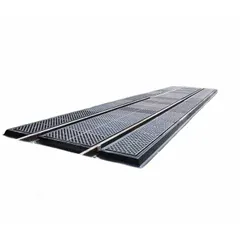 This fiberglass railroad track pellet pan measures 255 inches by 129 5/16 inches by 4 1/2 inches. It is used for spill containment beneath railroad tracks in industrial settings, capturing leaks and drips to help maintain a clean environment.