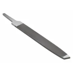 Rectangular file with tapered single-cut teeth and second cut for smooth material removal. Natural finish. 6 in length without tang, 5/8 in width, 7/64 in thickness. Used for precision metal shaping and deburring on flat surfaces and edges.