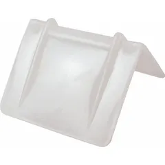 White plastic edge protector for use with straps up to 1 1/4 in wide. Measures 2 in long by 2 1/2 in wide. Pack of 1,000. Used to protect product edges during shipping and handling, preventing strap damage to cartons, pallets, and bundled materials.