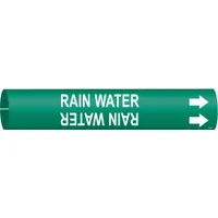 Green snap-on pipe marker with white legend reading 'Rain Water' and directional arrows. Fits pipe outer diameters from 3/4 to 1-3/8 inches. Used to identify rain water lines in industrial and commercial piping systems, aiding in visual identification and flow direction indication