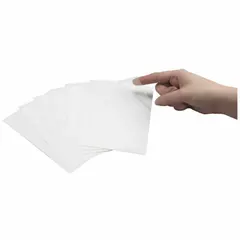 Clear polyester laminate sheet with permanent adhesive, measuring 4 1/2 in by 6 1/2 in. Applied over printed labels to protect against abrasion, chemicals, and moisture in industrial environments such as equipment identification, pipe marking, and safety signage.
