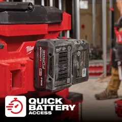 This red, impact-resistant ABS plastic rack attachment organizes and secures batteries inside PACKOUT tool cases. It measures 3 5/16 in W x 5 3/16 in H x 16 13/16 in L. Suitable for use in tool storage systems to prevent battery movement during transport or storage.