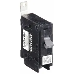 Single-pole miniature circuit breaker rated 30 A at 120/240V AC, with a maximum AIR rating of 65kA at 120V AC. Designed for bolt-on installation in Siemens P1 panelboards, it provides overcurrent protection in single-phase electrical systems.