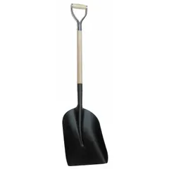 Standard scoop shovel with a #2 blade size, 15-inch blade length, and 11-inch blade width. Blade is 16-gauge steel; handle is natural wood. Suitable for moving loose materials such as grain, sand, or snow in industrial or agricultural settings.