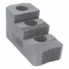 These HURON double-step hard lathe jaws are made of steel with a pointed, serrated design. They are intended for use with a 15-inch chuck and feature M20 mounting bolts. Commonly used in turning and facing operations on industrial lathes.