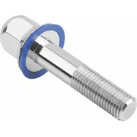 Stainless steel crowned flanged hex head bolt with an FDA-approved pre-mounted sealing washer. Partially threaded M4 size with a minimum 14 mm thread length. Designed for sanitary fastening in environments requiring clean, secure connections