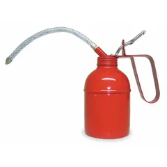 This lever-grip oil dispenser has a 13 fl oz capacity and a flexible 7-inch spout for precise oil delivery. The tin-coated steel body includes a steel pump with two ball valves, enabling a drop or stream of lubricating oil. Suitable for general lubrication tasks in industrial settings.