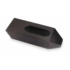 Step clamp for securing workpieces to machine tables during milling, drilling, or grinding. Stepped design accommodates varying workpiece heights. Fits 1/2 in stud diameter. Dimensions: 2-1/2 in length, 1-1/8 in width, 1/2 in height. Inch series.
