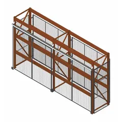 This wire mesh pallet rack enclosure kit is designed to secure stored materials and restrict access in industrial storage areas. Constructed from 10-gauge steel with a powder-coated gray finish, it includes two sliding doors and all necessary hardware. Suitable for use with standard pallet rack systems to create enclosed storage bays.