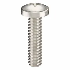 Pan head machine screws with a low-profile rounded head, used for fastening metal parts in machinery and equipment assembly. These screws feature a #10-24 thread, 3/4 in length, 316 stainless steel construction, plain finish, and Phillips drive with #2 drive size. Supplied in a 25-piece pack.