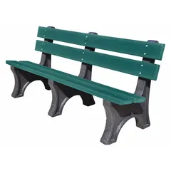 This outdoor bench from the Colonial series features a vandal-resistant resinwood construction with a green seat and black frame. Measuring 72 inches in length and 33 1/2 inches in height, it is suited for public and commercial settings such as parks, campuses, and transit areas.