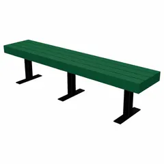This vandal-resistant resinwood bench from the Trailside series is designed for in-ground installation in public outdoor spaces. It measures 72 inches in overall length and 17 1/4 inches in overall height, with a green seat and black frame. The construction resists vandalism and weather exposure, making it suitable for parks, trails, and other high-traffic areas.