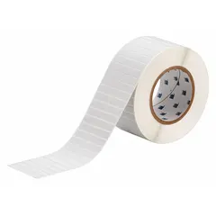 Precut label made of polyvinyl fluoride with black-on-white printing. Measures 3/8 in x 1 1/4 in. Compatible with i7100 printer series; requires IP-R4300 ribbon. Used for durable identification in industrial environments such as wire and cable marking.