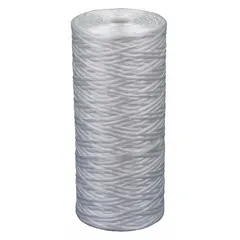 String-wound water filter cartridge with fibrillated polypropylene media. Rated at 50 micron for sediment removal, with a flow capacity of 30 gpm. Suitable for process water, cooling towers, and pre-filtration applications.
