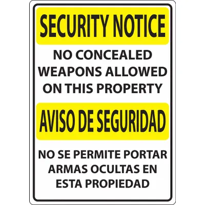 ZING Concealed Carry Sign: Plastic, Adhesive Sign Mounting - Security Notice/Aviso De Seguridad: No Concealed Weapons Allowed On This Property/No Se Permite Portar Armas Ocultas En Esta Propiedad Signs