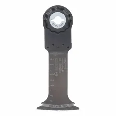 Bi-metal plunge cutting blade for oscillating tools with Starlock Max interface. Overall length 4 in, suitable for flush cuts and precise material removal in wood. Single piece.
